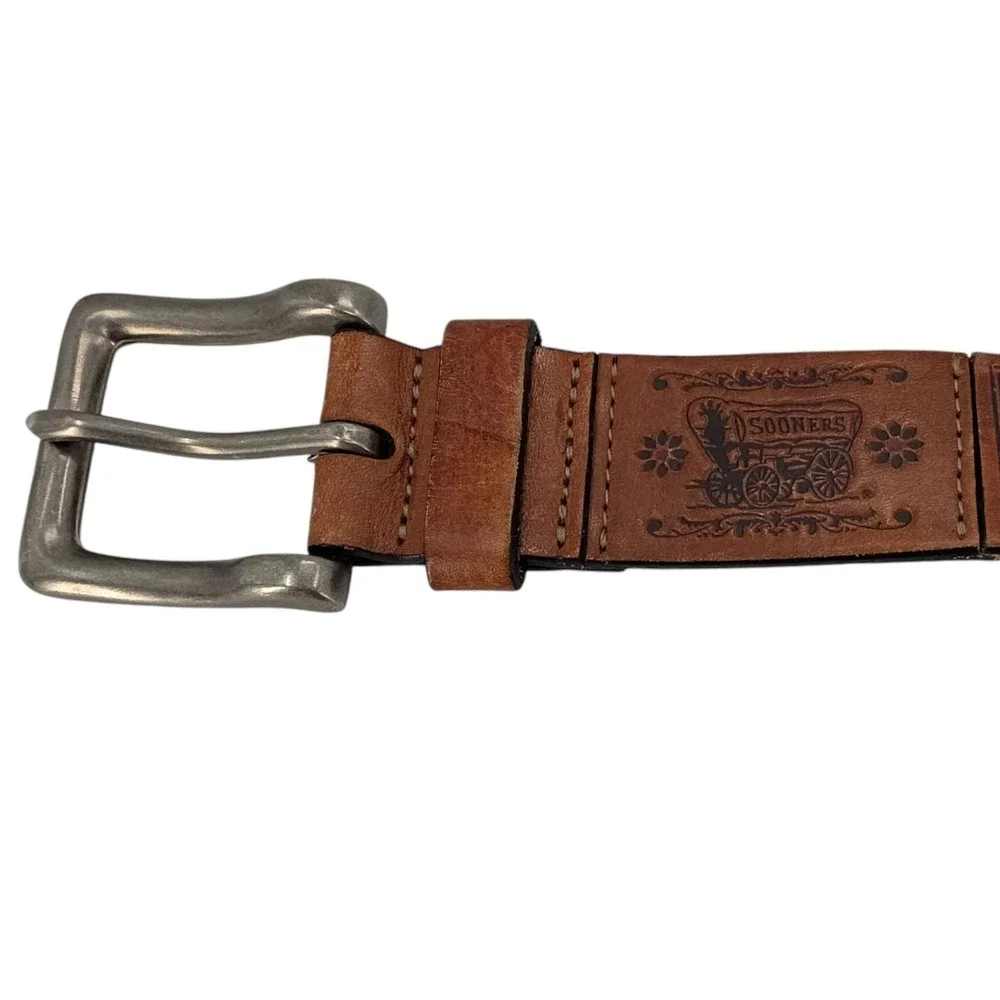 Fossil Oklahoma Sooners Womens L Brown Tooled‎ Leather Boomer Sooner Belt